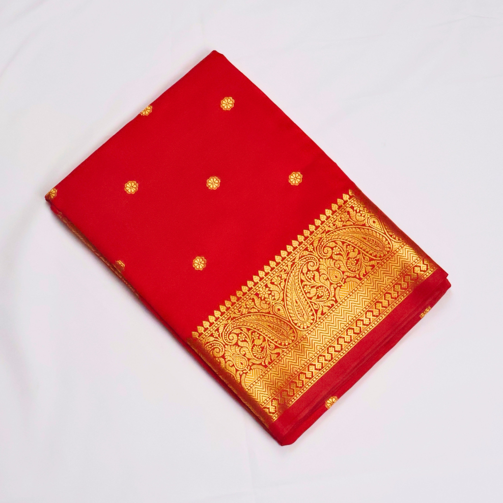 Chilli Red Banarasi Semi Katan Silk Saree with Rich Gold Zari Border
