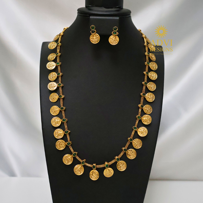 Antique Gold Lakshmi Coin Long Haram Set with Emerald Green Stones