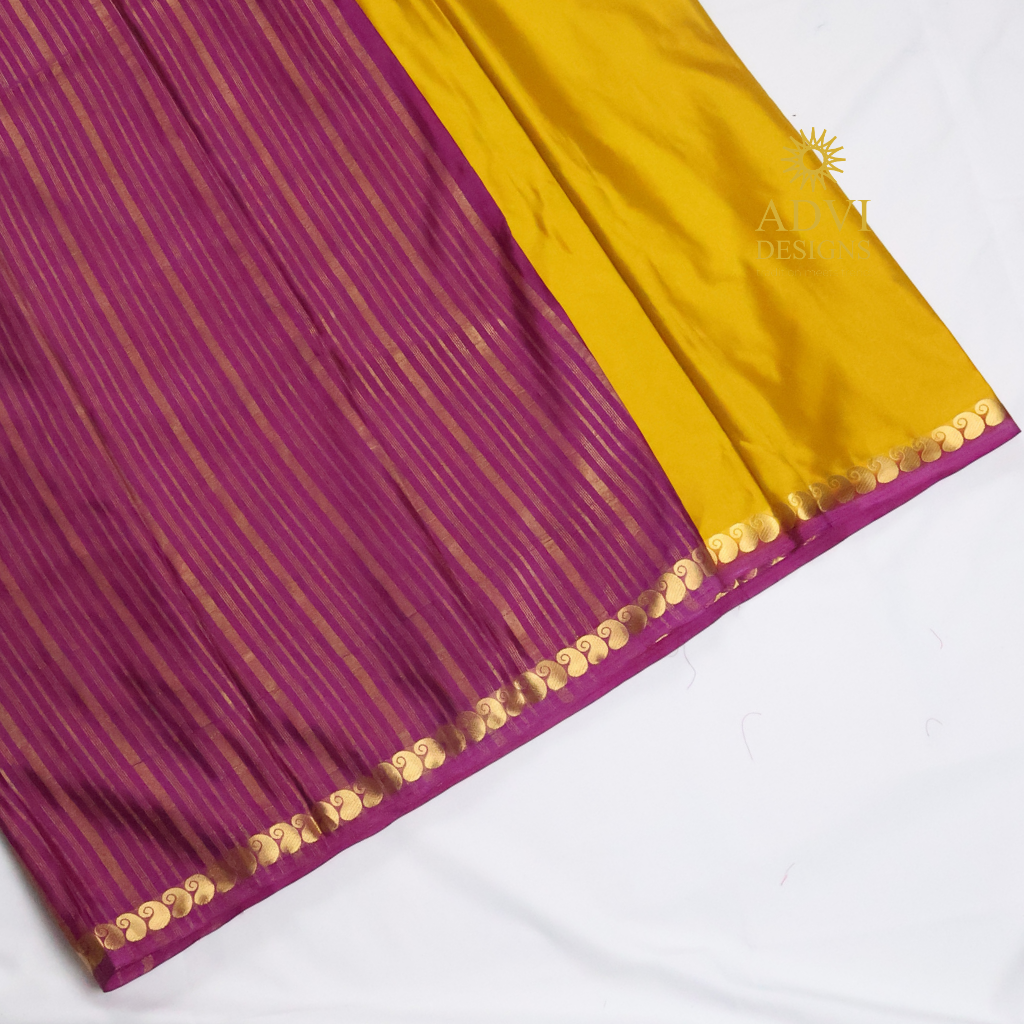 Mustard Yellow & Magenta Semi Mysore Crepe Silk Saree with Striped Pallu