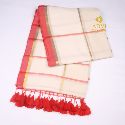 Classic White Mul Cotton Saree with Gold Checked Weave