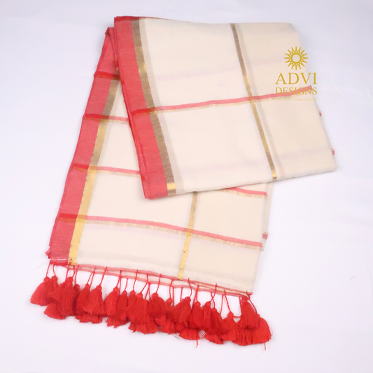 Classic White Mul Cotton Saree with Gold Checked Weave