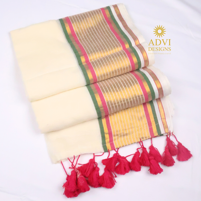 Cream Mul Cotton Saree with Multicolour Striped Border