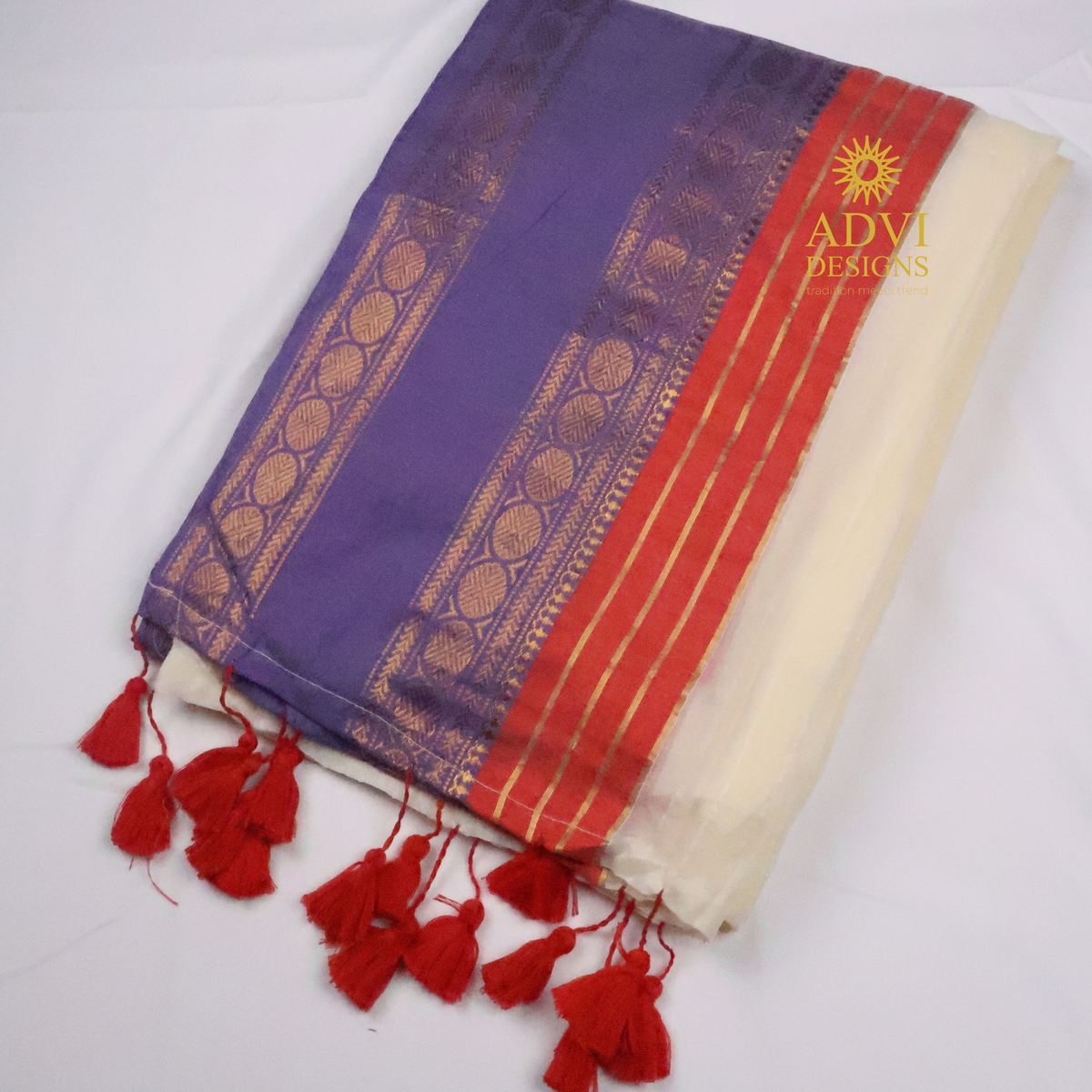 Purple & Cream Mul Cotton Saree with Zari Border