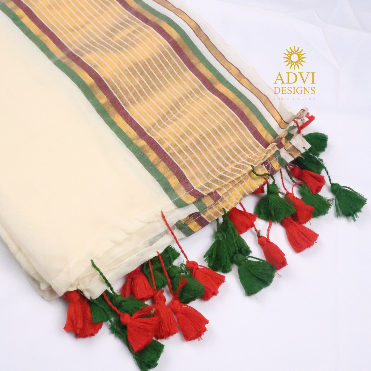 Cream Mul Cotton Saree with Multicolour Striped Border