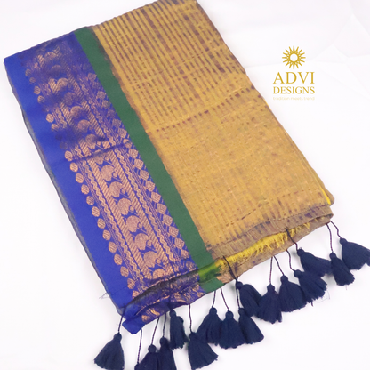 Royal Blue & Mustard Mul Cotton Saree with Woven Border