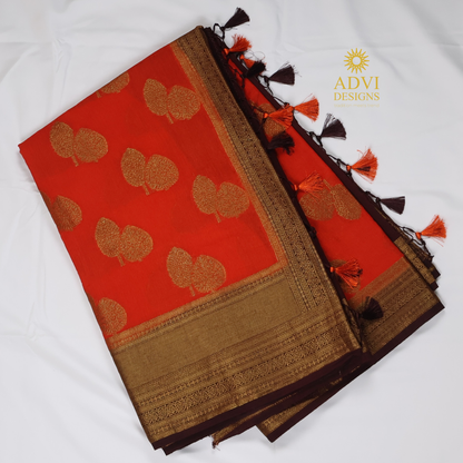 Orange & Coffee Brown Linen Cotton Saree