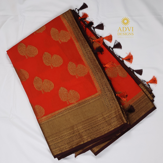Orange & Coffee Brown Linen Cotton Saree