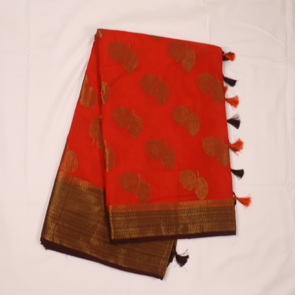 Orange & Coffee Brown Linen Cotton Saree