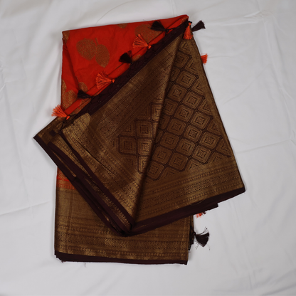 Orange & Coffee Brown Linen Cotton Saree