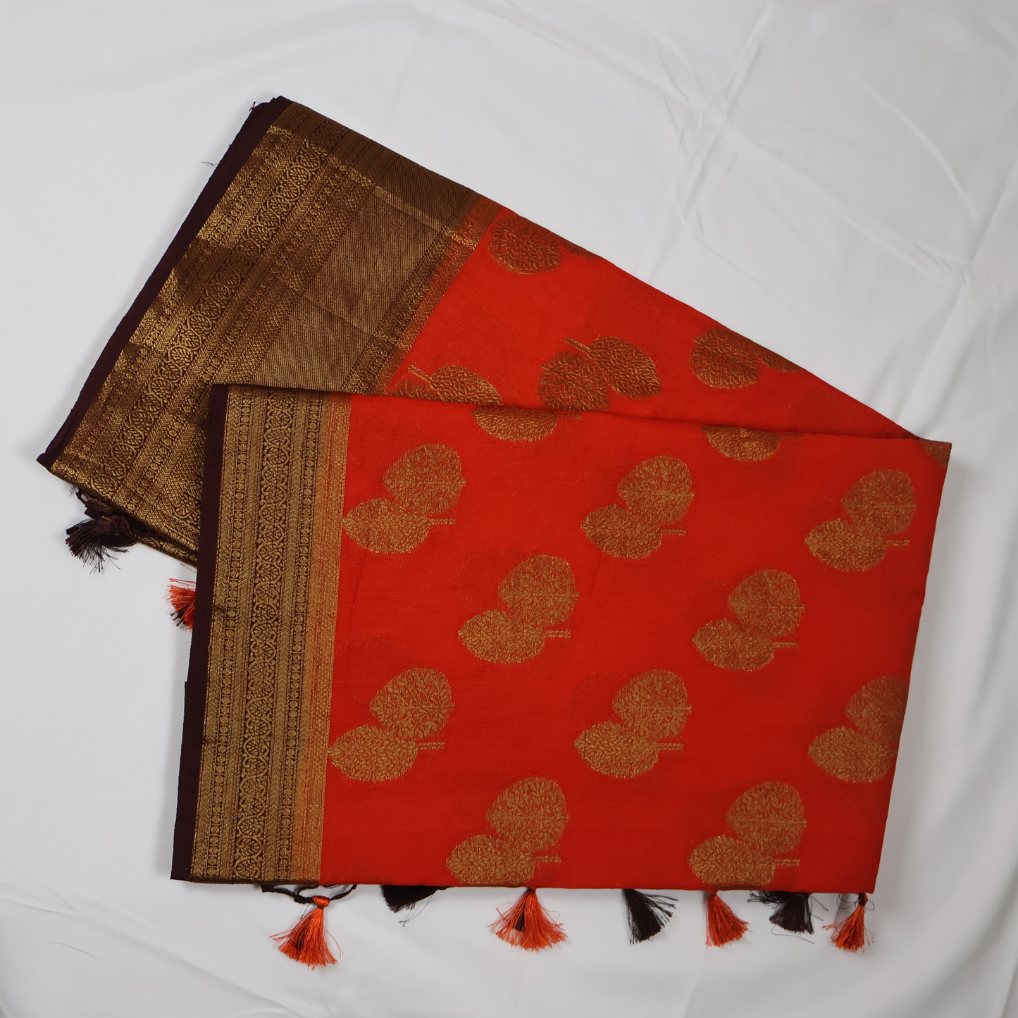 Orange & Coffee Brown Linen Cotton Saree
