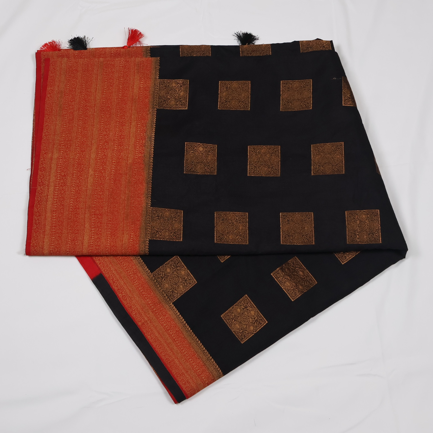 Midnight Black Georgette Banarasi Saree with Red Zari Pallu