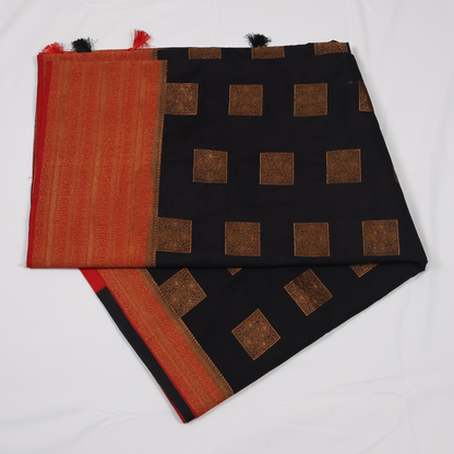 Midnight Black Georgette Banarasi Saree with Red Zari Pallu