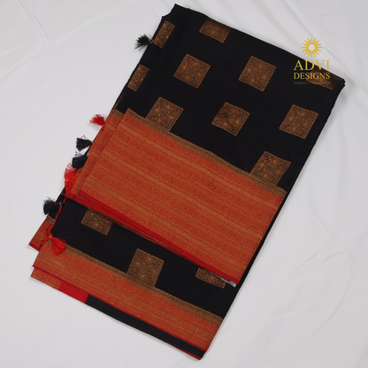 Midnight Black Georgette Banarasi Saree with Red Zari Pallu