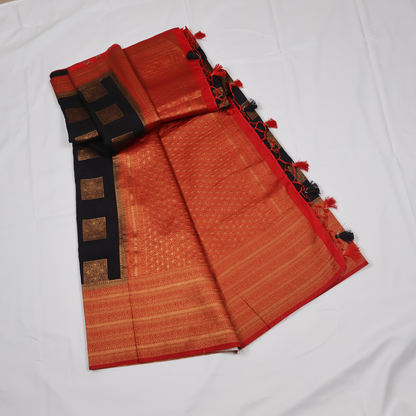 Midnight Black Georgette Banarasi Saree with Red Zari Pallu
