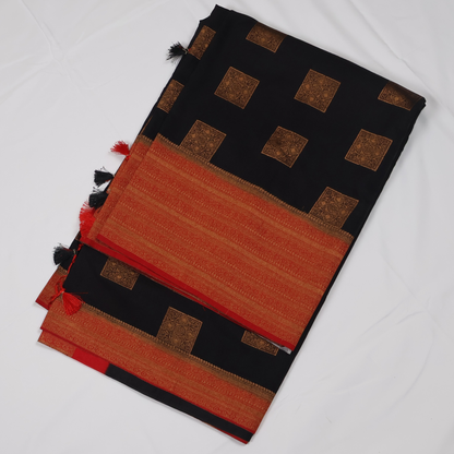 Midnight Black Georgette Banarasi Saree with Red Zari Pallu