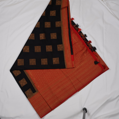 Midnight Black Georgette Banarasi Saree with Red Zari Pallu
