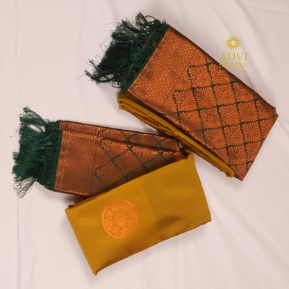 Mustard Yellow Saree with Bottle Green Contrast Pallu