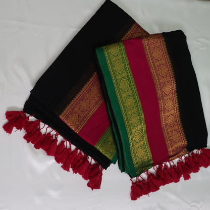 Elegant Black Mul Cotton Saree with Pink & Green Zari Border