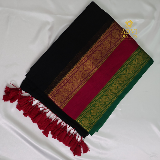 Elegant Black Mul Cotton Saree with Pink & Green Zari Border
