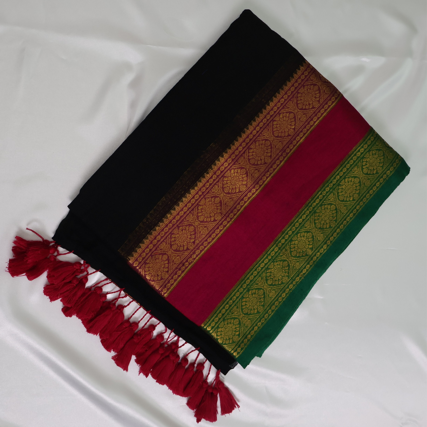 Elegant Black Mul Cotton Saree with Pink & Green Zari Border