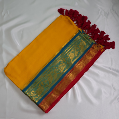 Sunshine Yellow Mul Cotton Saree with Teal Blue & Red Zari Border