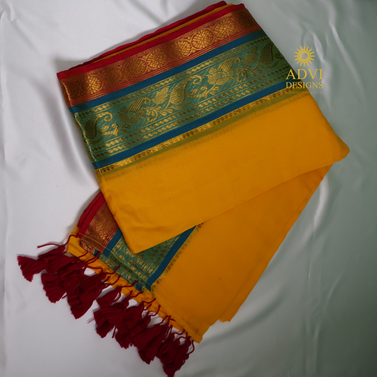 Sunshine Yellow Mul Cotton Saree with Teal Blue & Red Zari Border