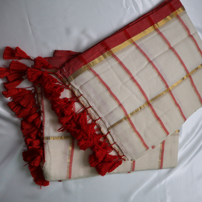 Classic White Mul Cotton Saree with Gold Checked Weave