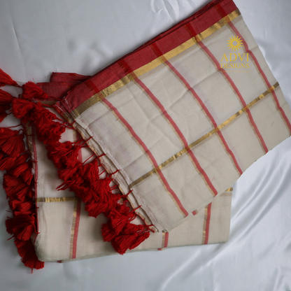 Classic White Mul Cotton Saree with Gold Checked Weave