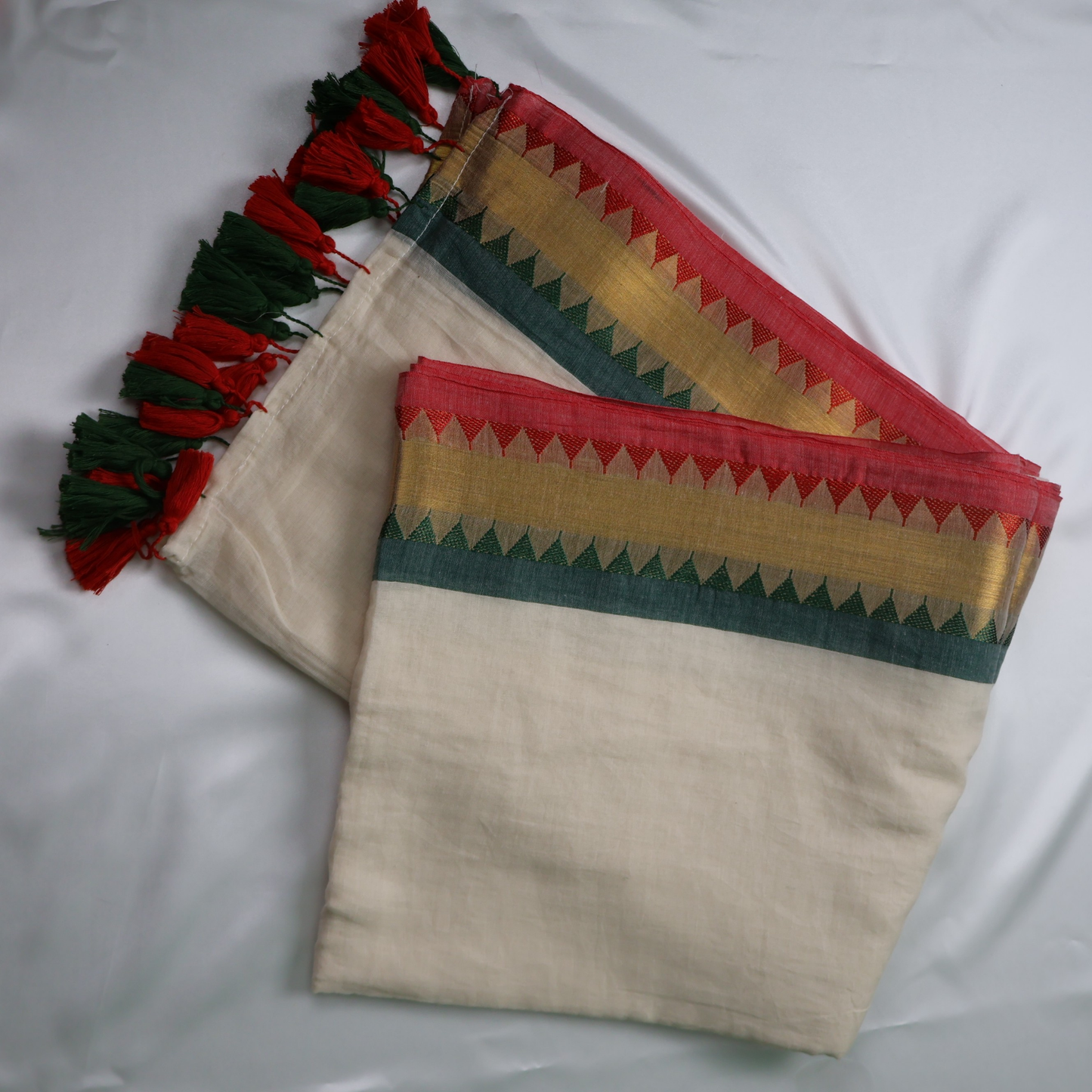 Elegant White Mul Cotton Saree with Red & Green Temple Border