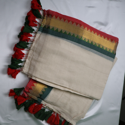Elegant White Mul Cotton Saree with Red & Green Temple Border