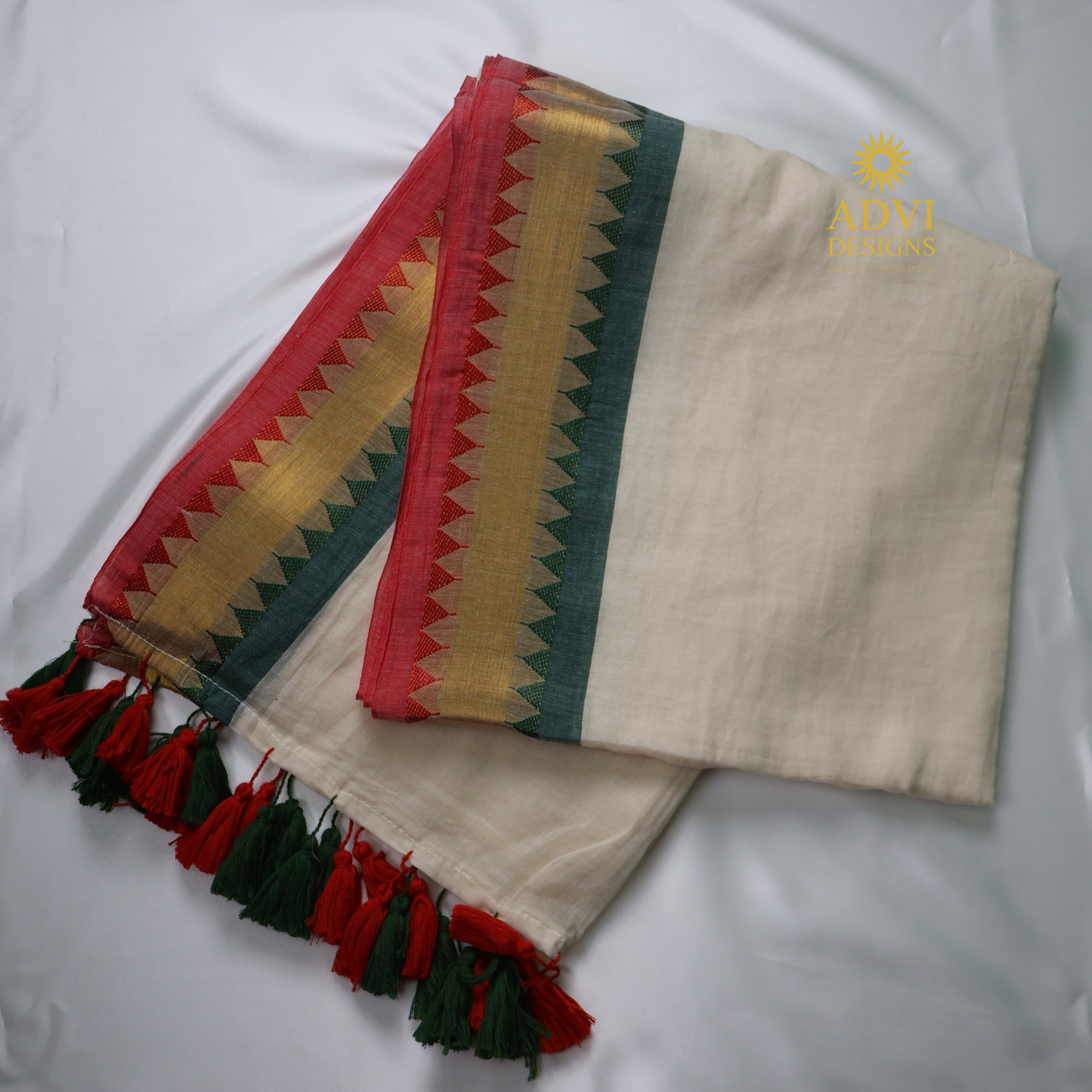 Elegant White Mul Cotton Saree with Red & Green Temple Border