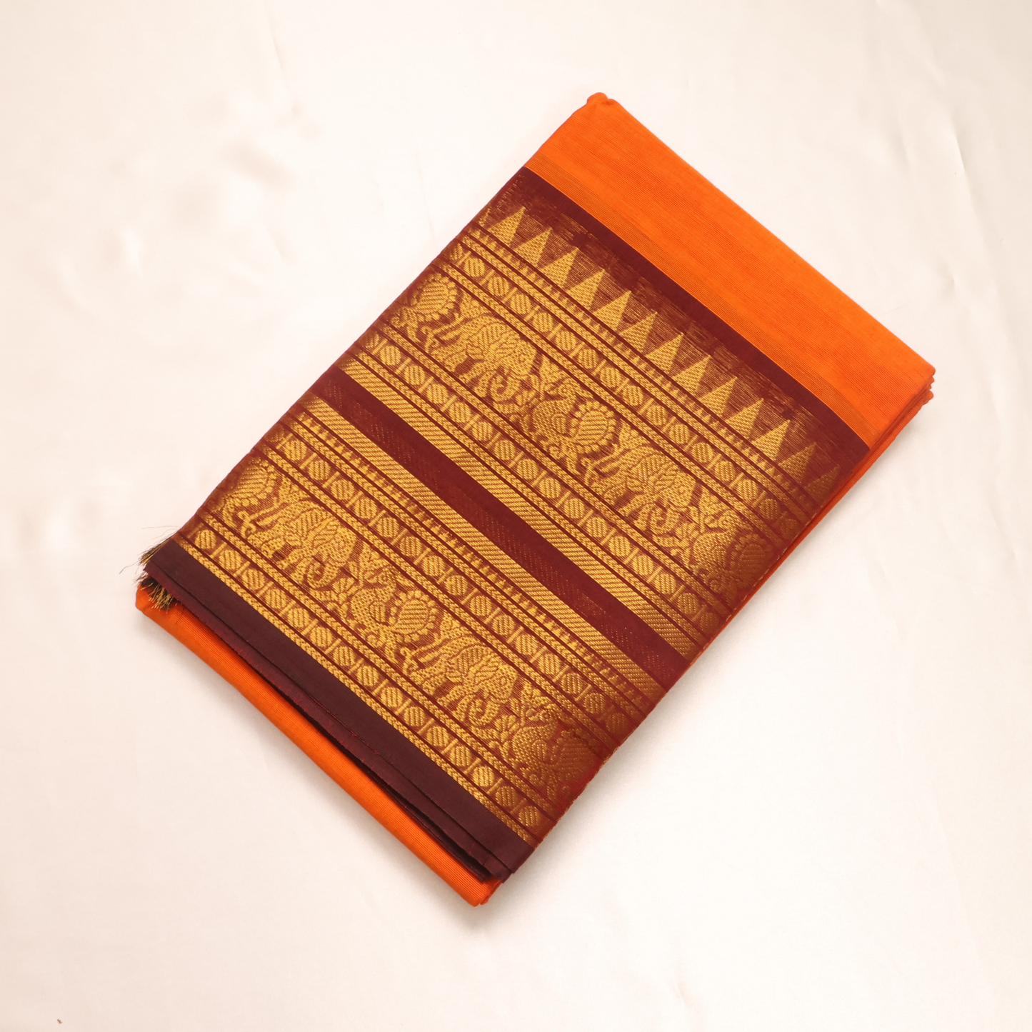 Vibrant Orange Kanchi Cotton Saree with Maroon Zari Border
