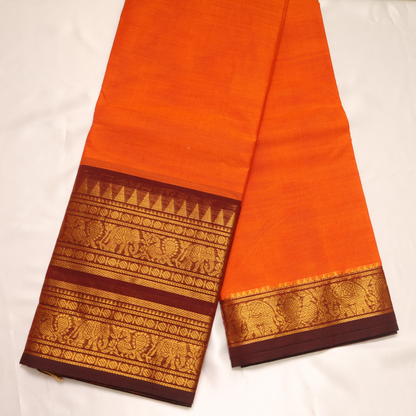 Vibrant Orange Kanchi Cotton Saree with Maroon Zari Border