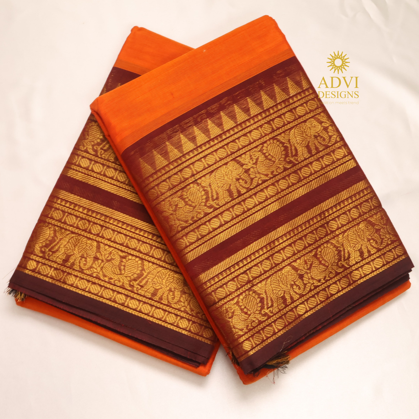 Vibrant Orange Kanchi Cotton Saree with Maroon Zari Border