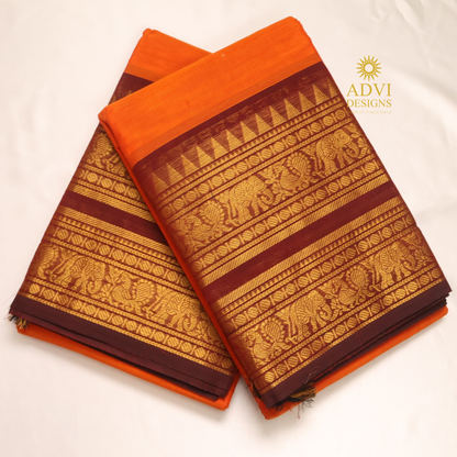 Vibrant Orange Kanchi Cotton Saree with Maroon Zari Border