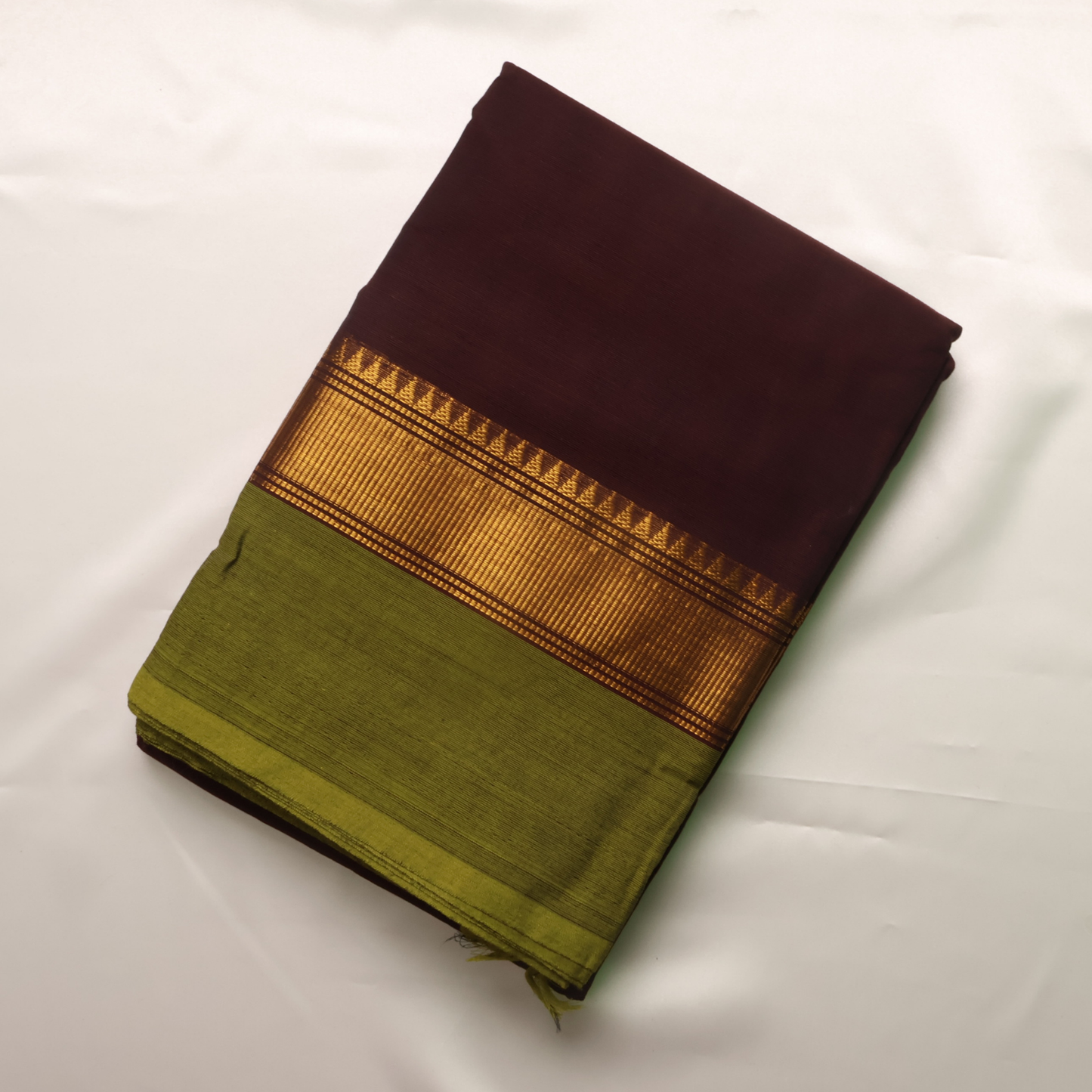 Coffee Brown Kanchi Cotton Saree with Olive Green Zari Border