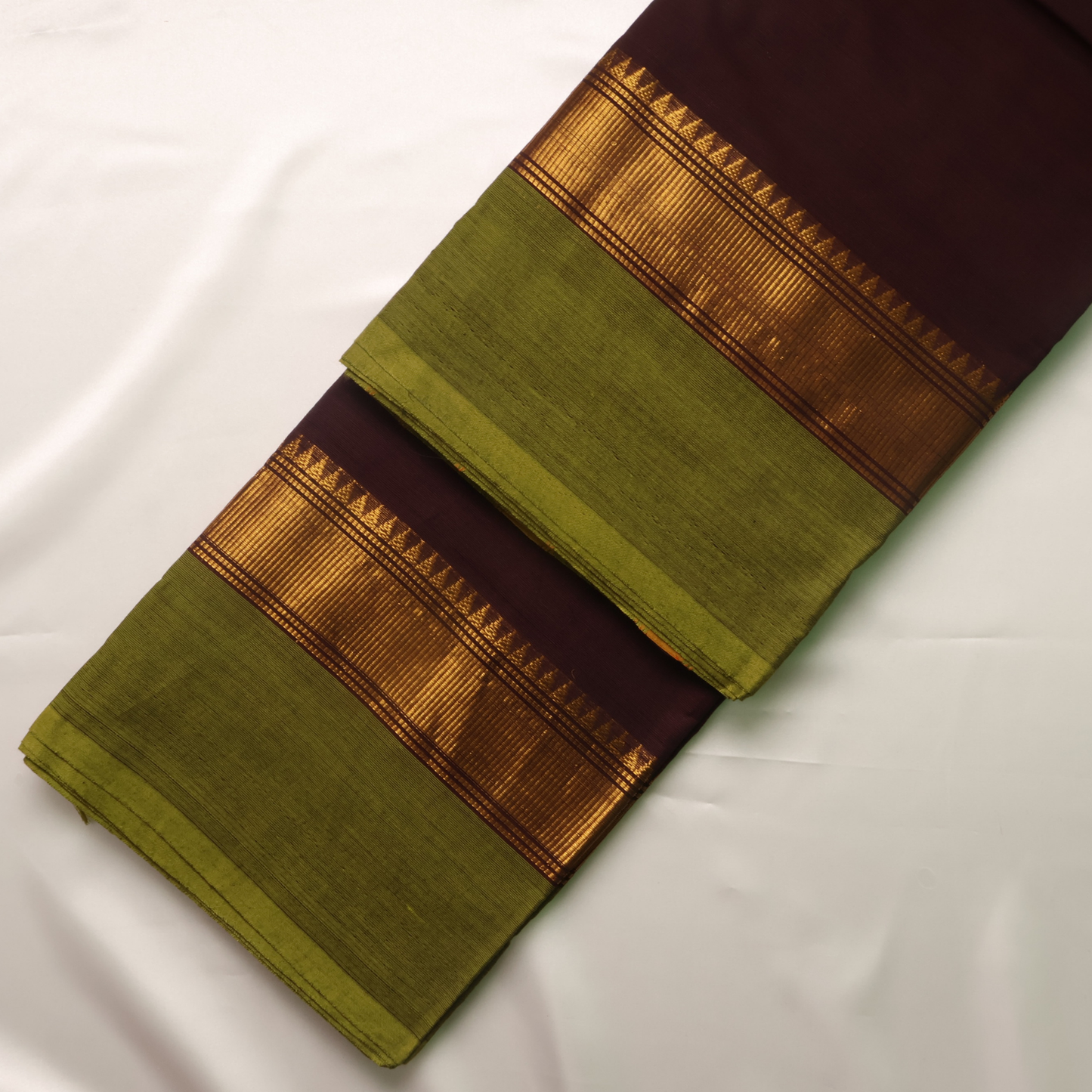 Coffee Brown Kanchi Cotton Saree with Olive Green Zari Border