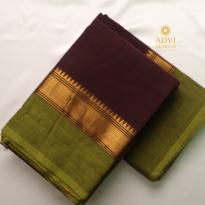 Coffee Brown Kanchi Cotton Saree with Olive Green Zari Border