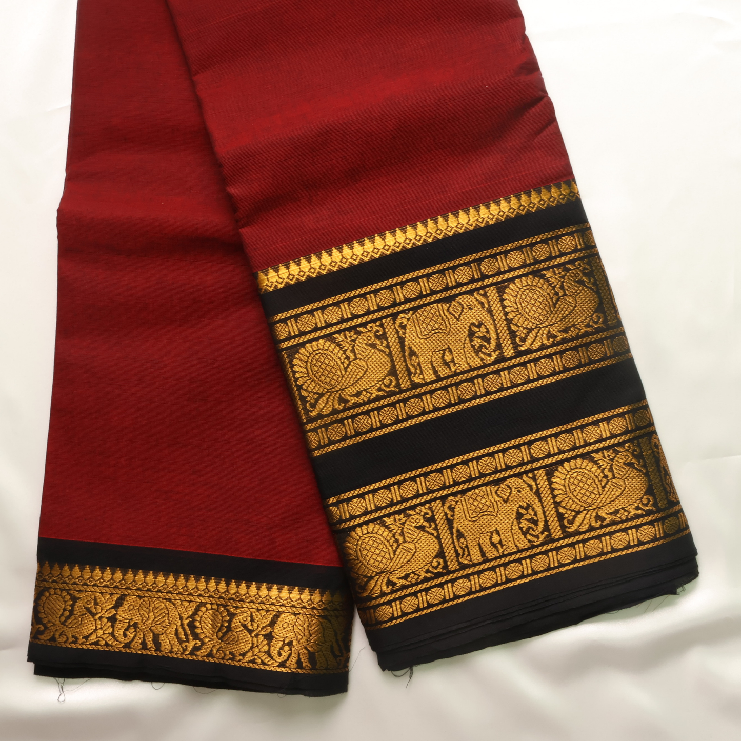 Maroon & Black Kanchi Cotton Saree with Traditional Gold Zari Border