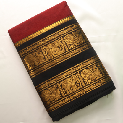 Maroon & Black Kanchi Cotton Saree with Traditional Gold Zari Border