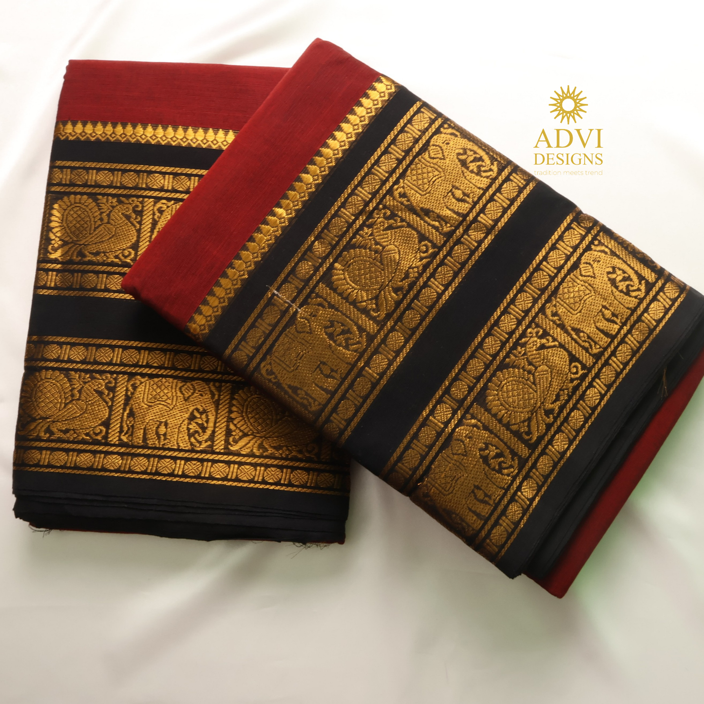 Maroon & Black Kanchi Cotton Saree with Traditional Gold Zari Border