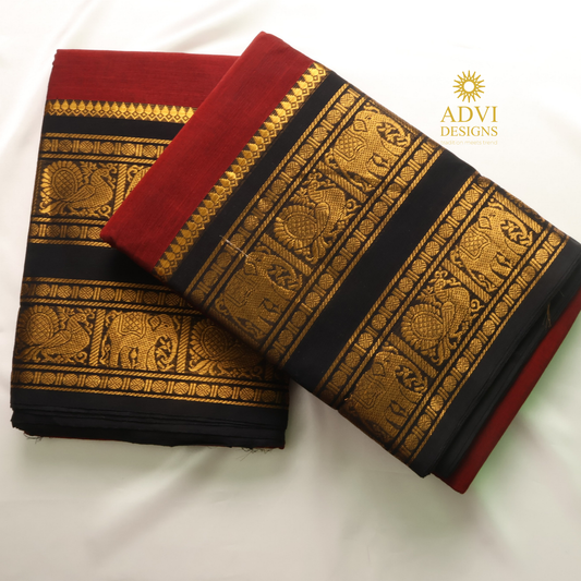 Maroon & Black Kanchi Cotton Saree with Traditional Gold Zari Border