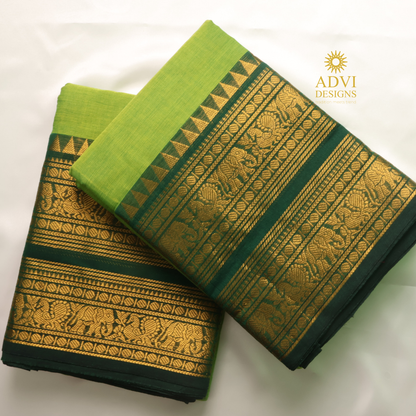 Parrot Green Kanchi Cotton Saree with Traditional Gold Zari Border