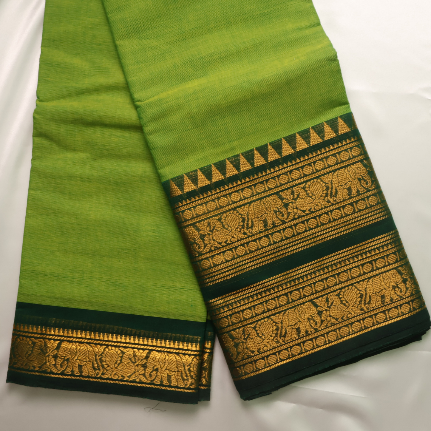 Parrot Green Kanchi Cotton Saree with Traditional Gold Zari Border