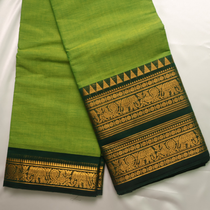 Parrot Green Kanchi Cotton Saree with Traditional Gold Zari Border