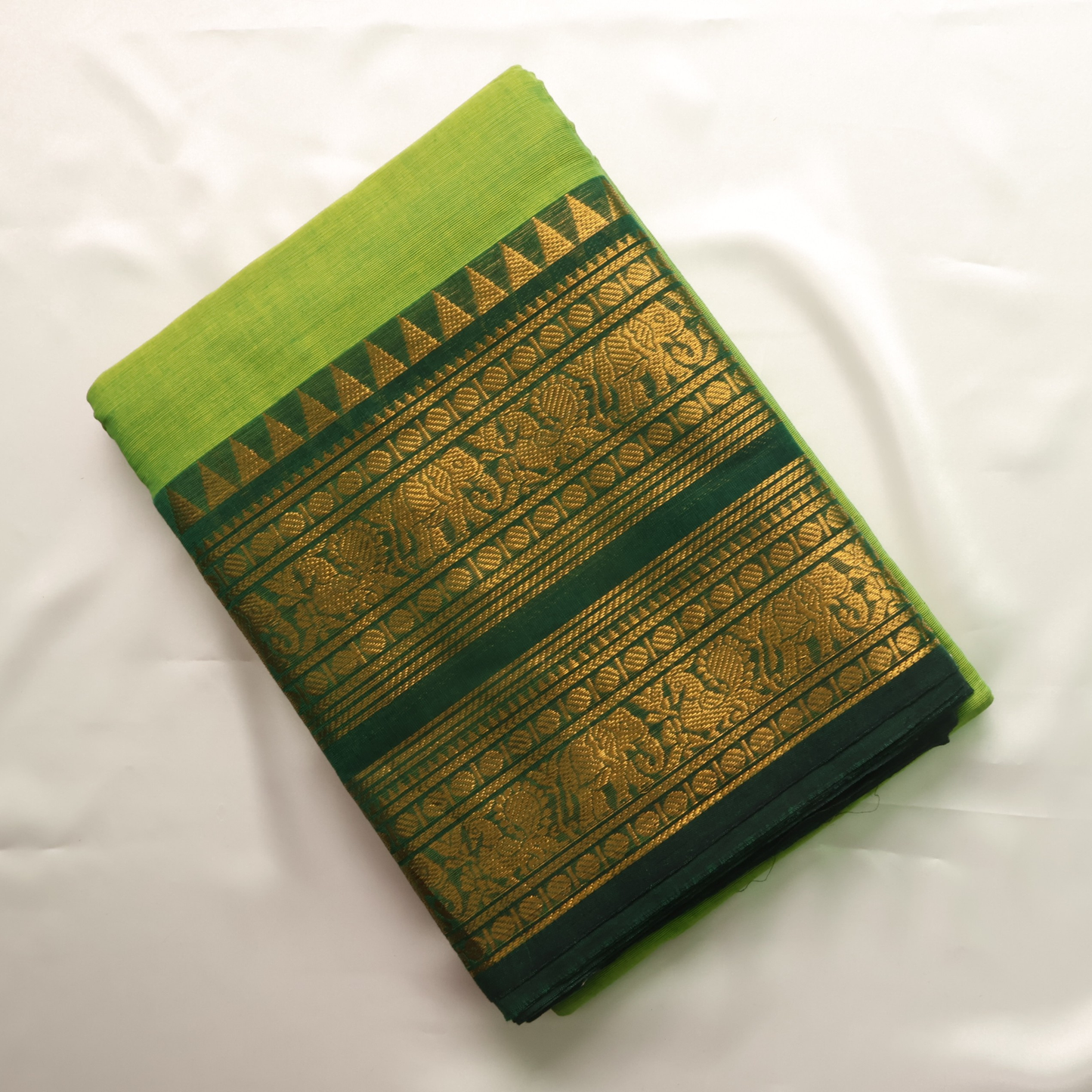 Parrot Green Kanchi Cotton Saree with Traditional Gold Zari Border