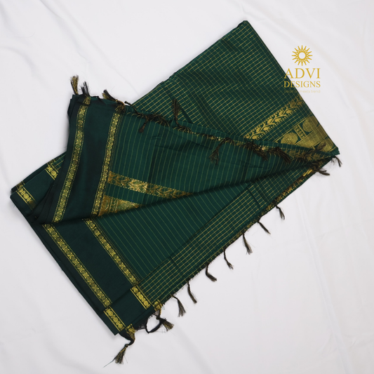 Emerald Green Mangalyam Checked Cotton Saree with Gold Zari Border