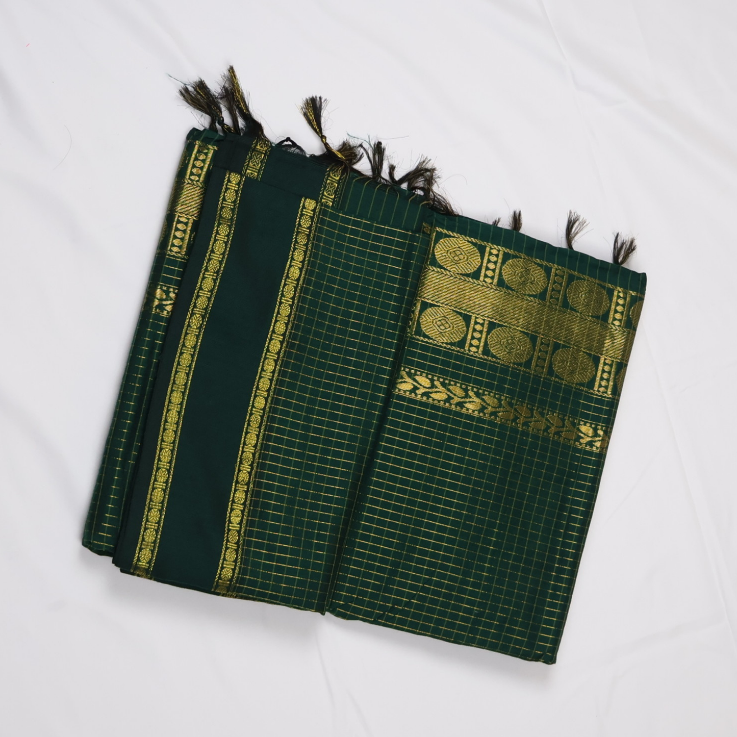 Emerald Green Mangalyam Checked Cotton Saree with Gold Zari Border