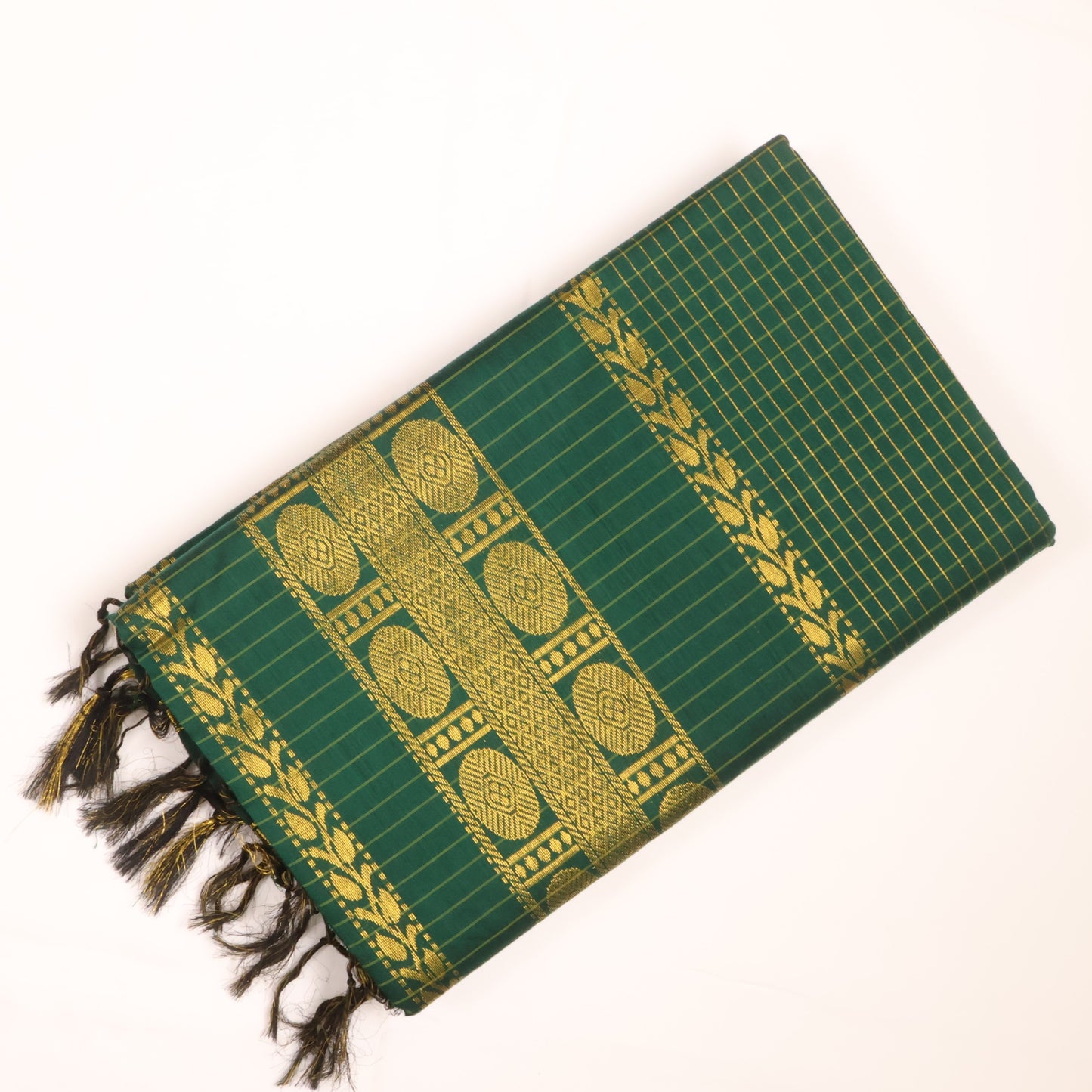 Emerald Green Mangalyam Checked Cotton Saree with Gold Zari Border