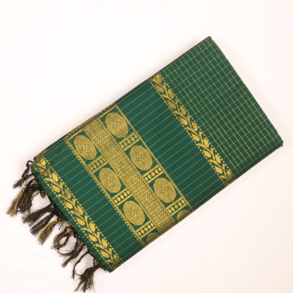 Emerald Green Mangalyam Checked Cotton Saree with Gold Zari Border